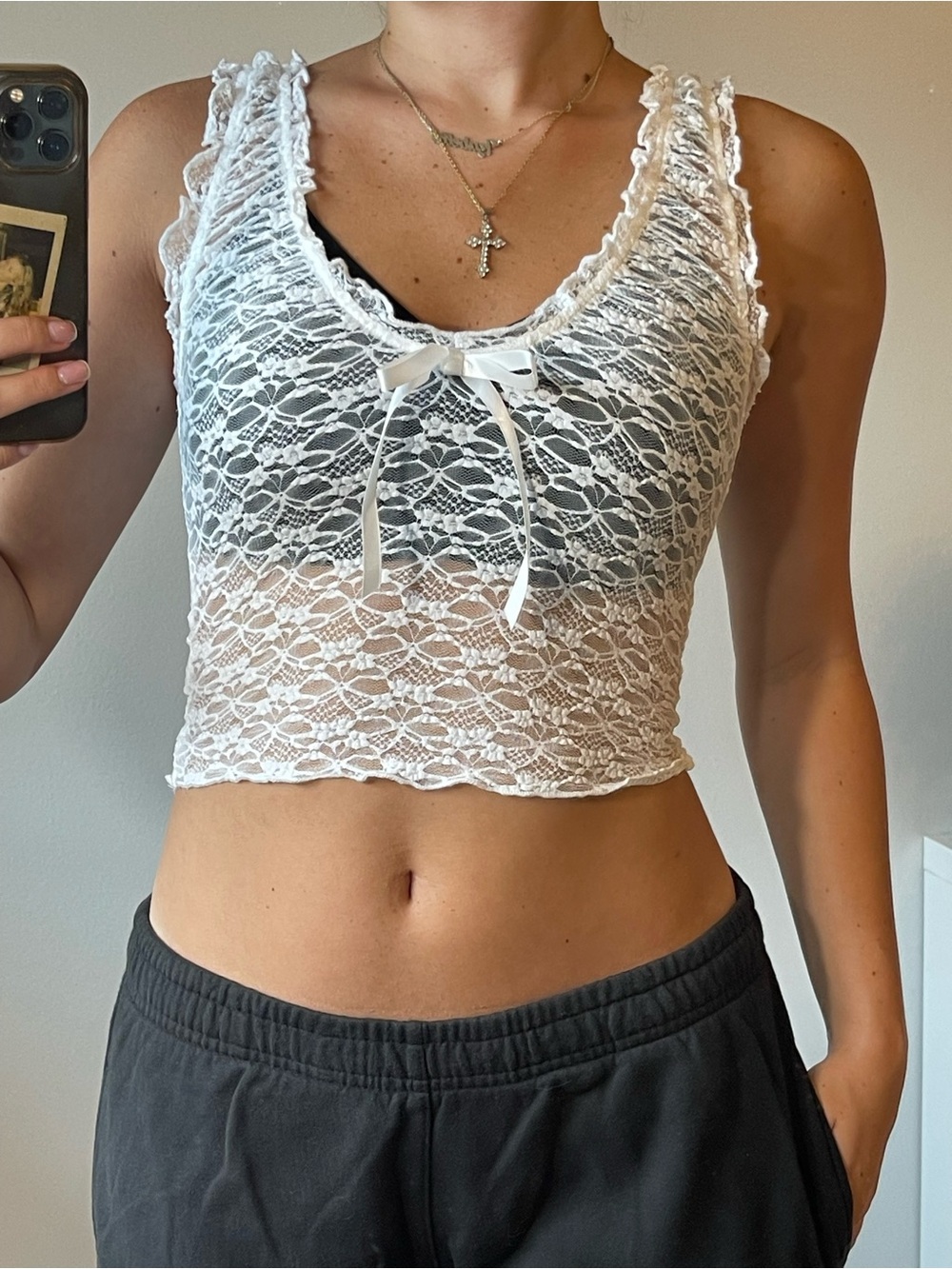 Garage White Sheer Lace Cropped Tank with Ribbon